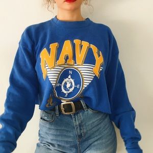 vintage blue navy cropped crewneck with compass.